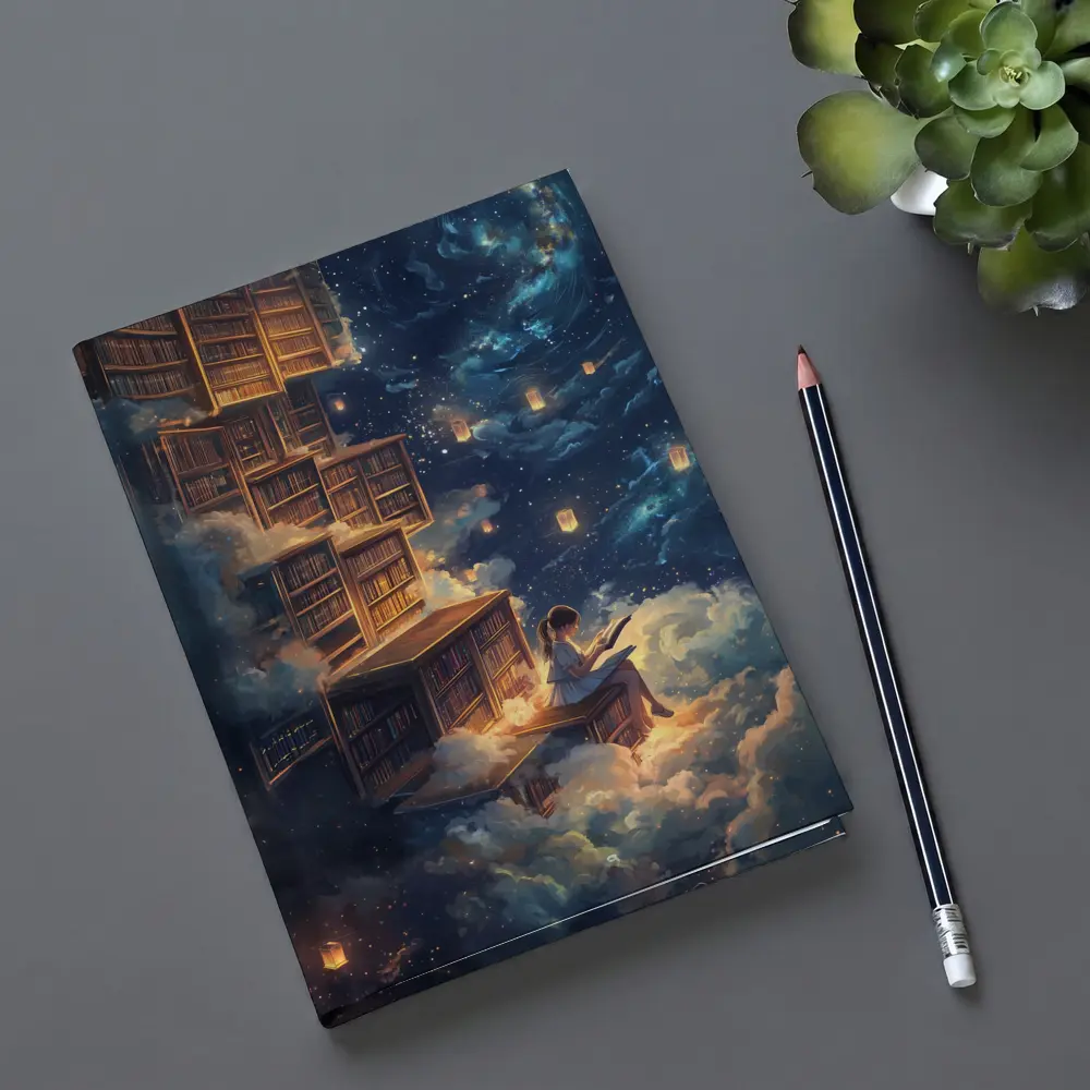 Girl Reading Book Floating Cloud Library Night – Notebooks