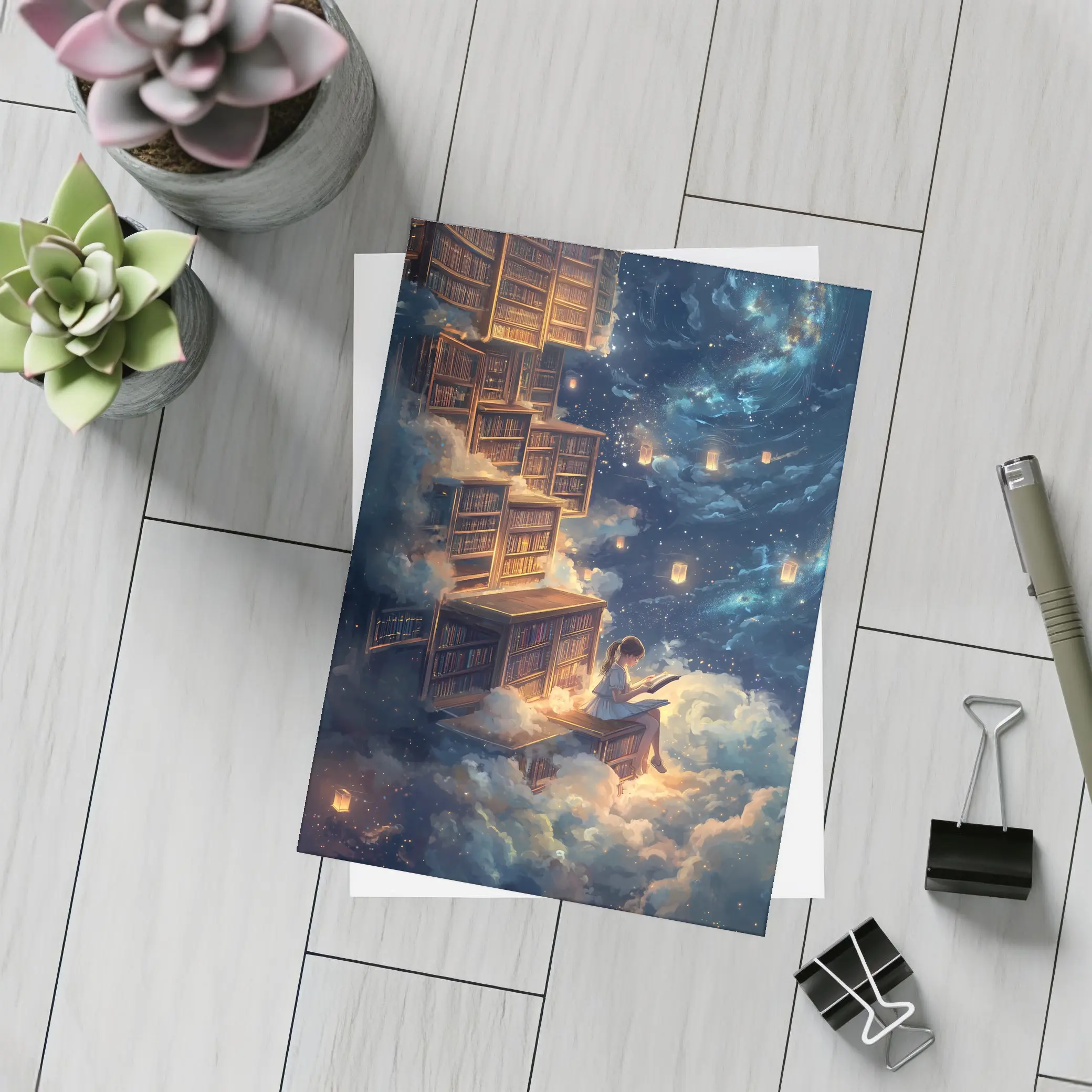 Girl Reading Book Floating Cloud Library Night – Postcards