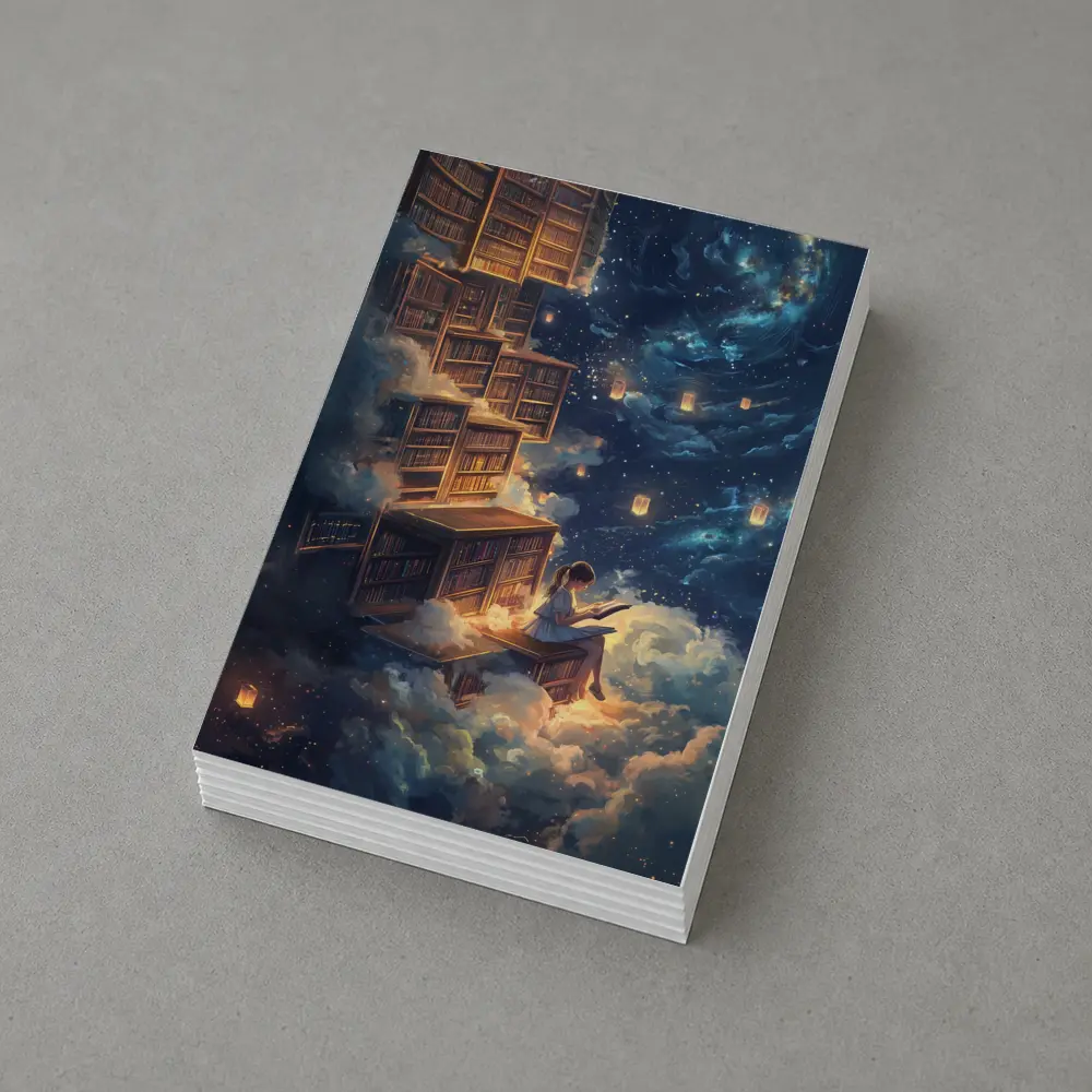 Girl Reading Book Floating Cloud Library Night – Postcards