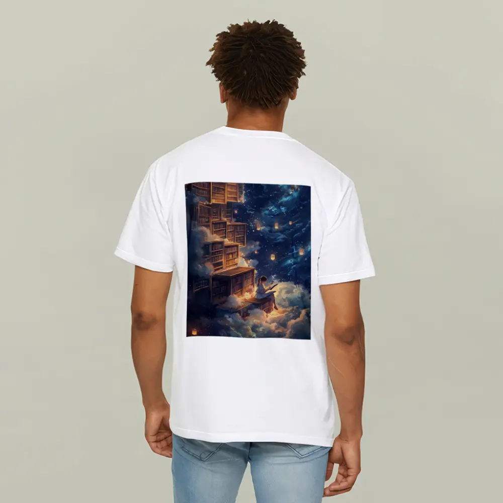 Girl Reading Book Floating Cloud Library Night – T-Shirts