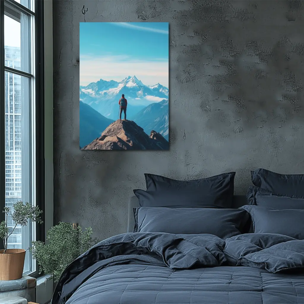 Hiker Standing on Mountain Peak Blue Sky – Wall Art