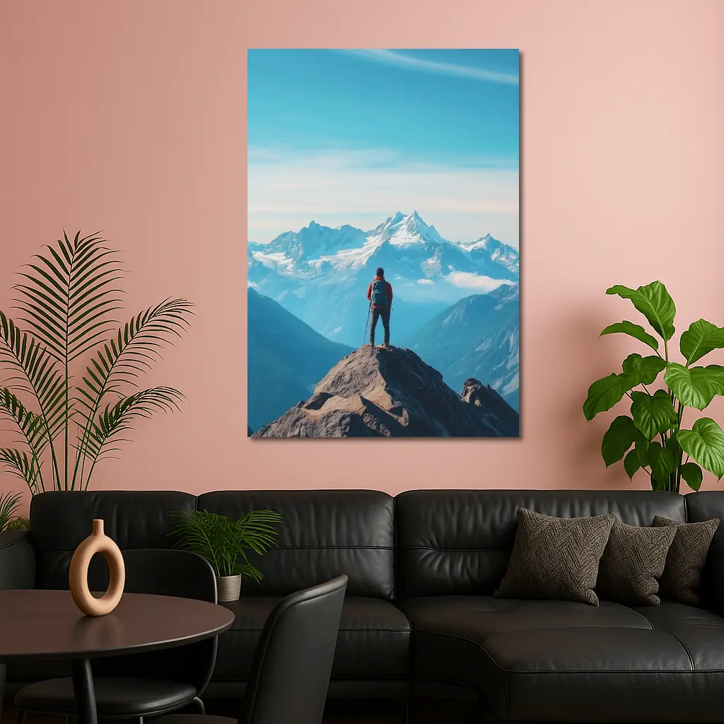Hiker Standing on Mountain Peak Blue Sky – Wall Art
