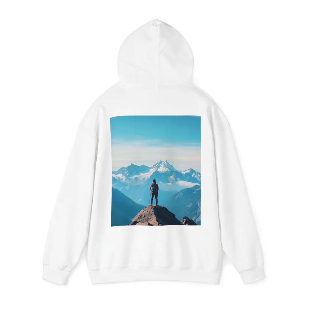 Hiker Standing on Mountain Peak Blue Sky – Hoodies