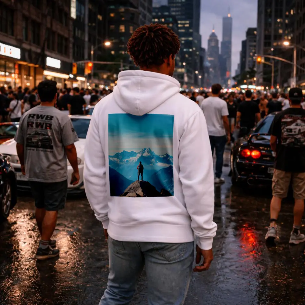 Hiker Standing on Mountain Peak Blue Sky – Hoodies