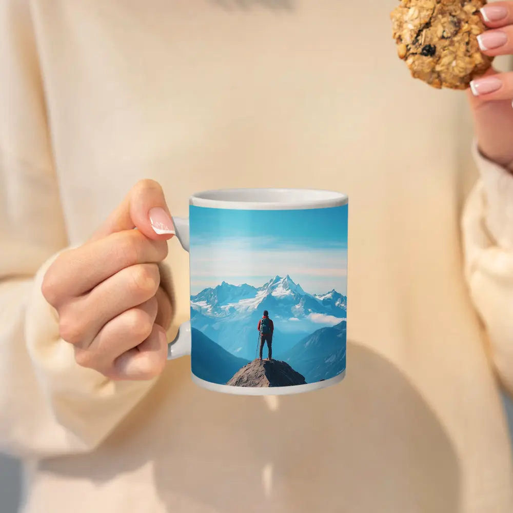 Hiker Standing on Mountain Peak Blue Sky – Mugs