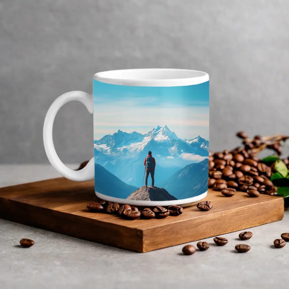 Hiker Standing on Mountain Peak Blue Sky – Mugs