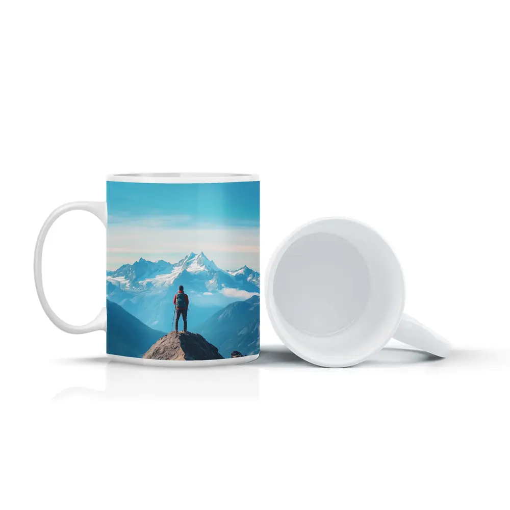Hiker Standing on Mountain Peak Blue Sky – Mugs