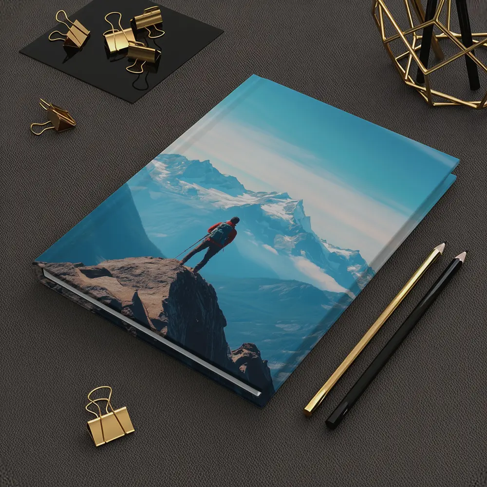 Hiker Standing on Mountain Peak Blue Sky – Notebooks