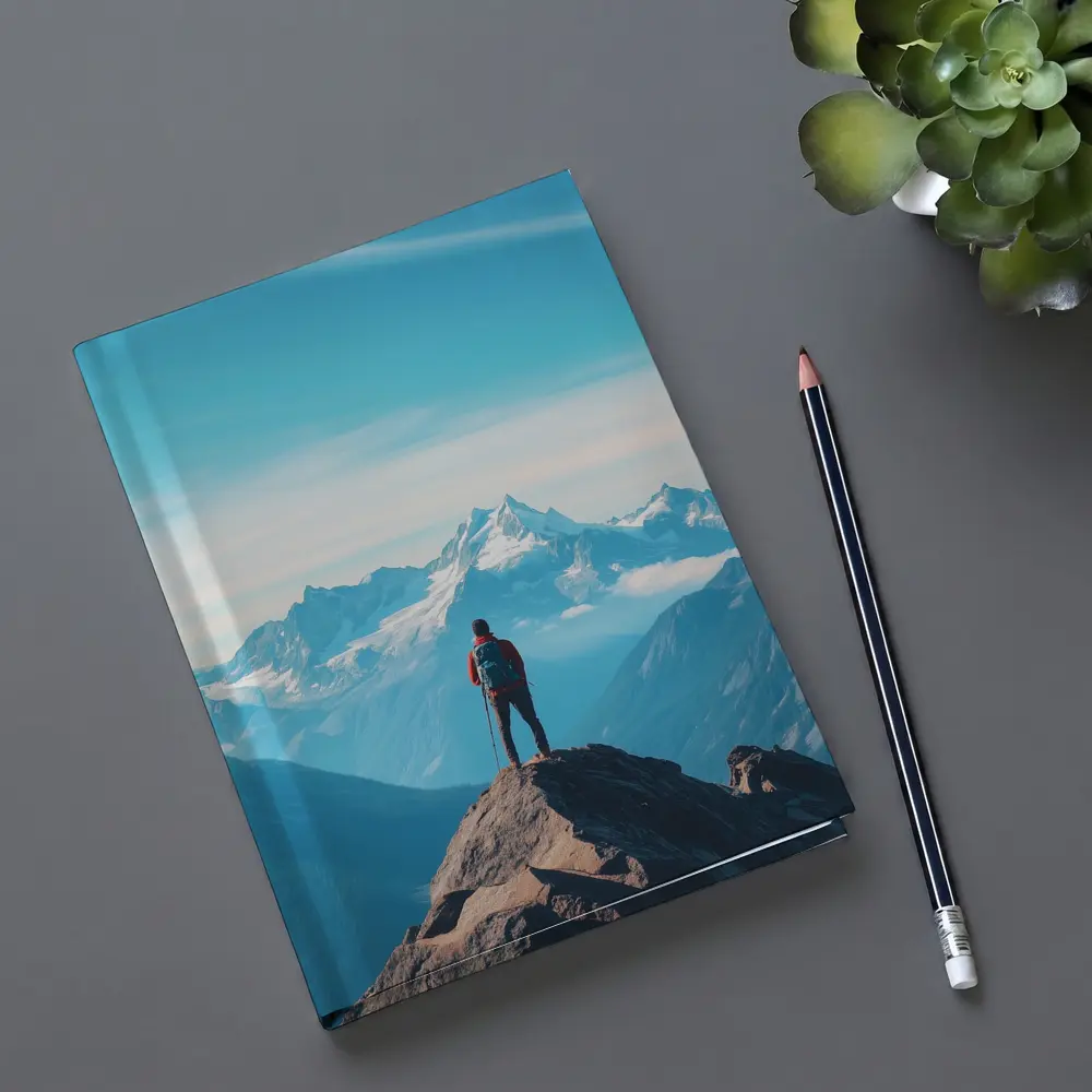 Hiker Standing on Mountain Peak Blue Sky – Notebooks