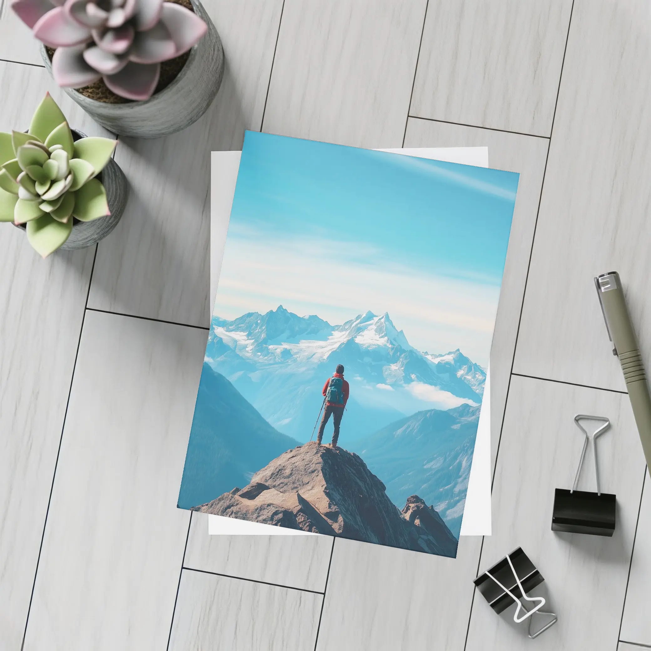 Hiker Standing on Mountain Peak Blue Sky – Postcards