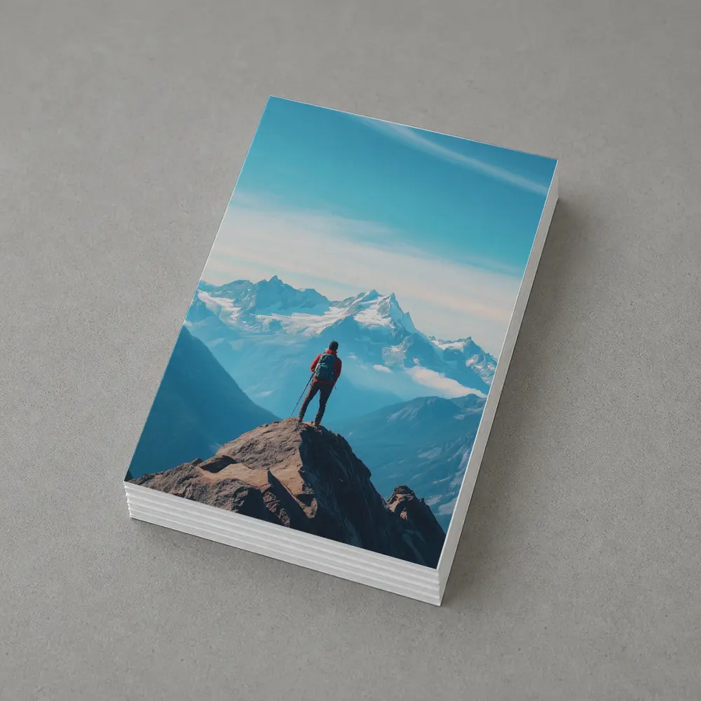 Hiker Standing on Mountain Peak Blue Sky – Postcards