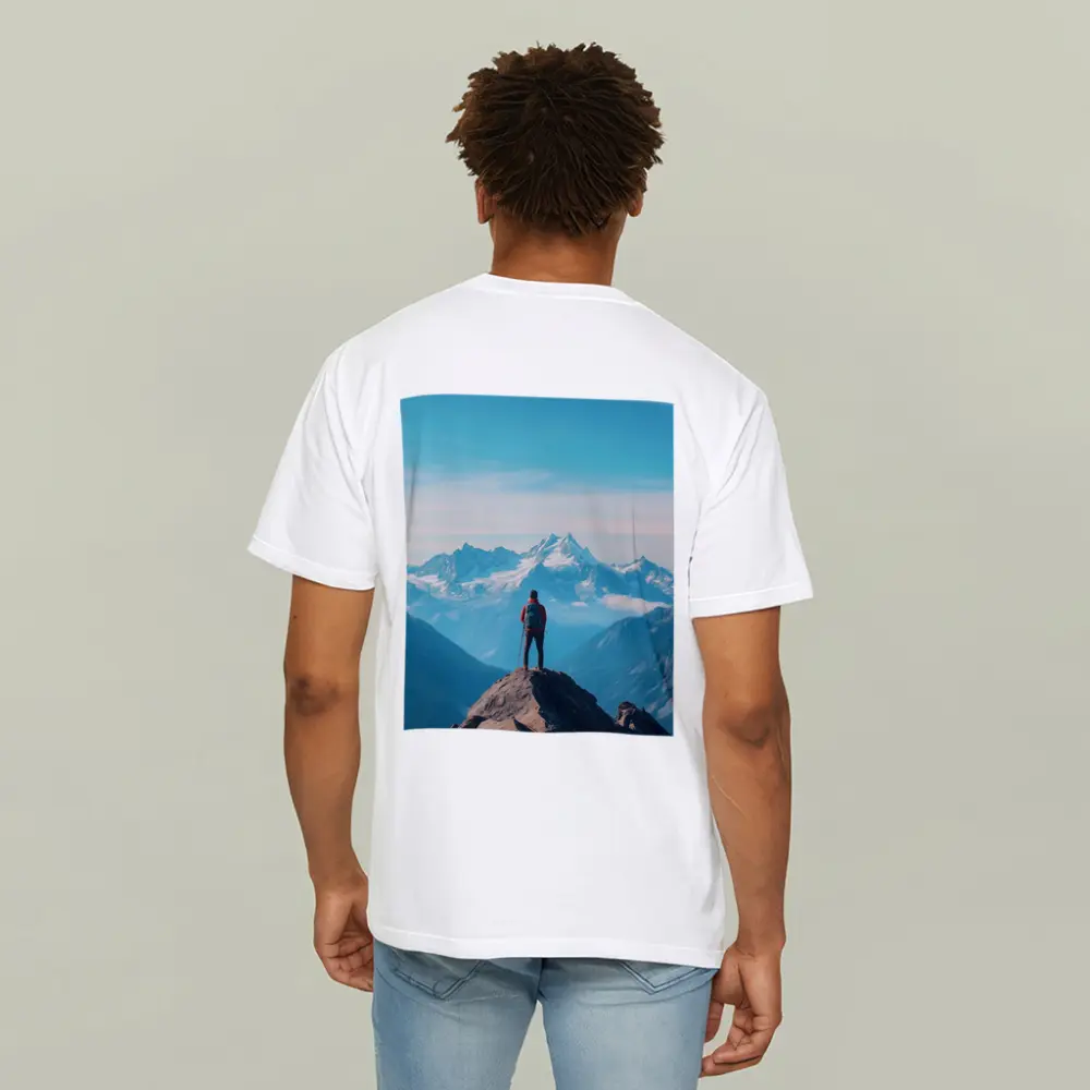 Hiker Standing on Mountain Peak Blue Sky – T-Shirts