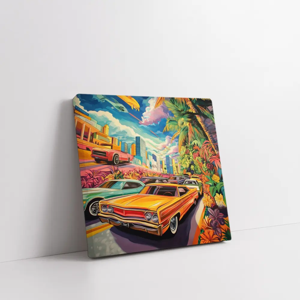 Retro Classic Cars Tropical City Pop Art – Wall Art