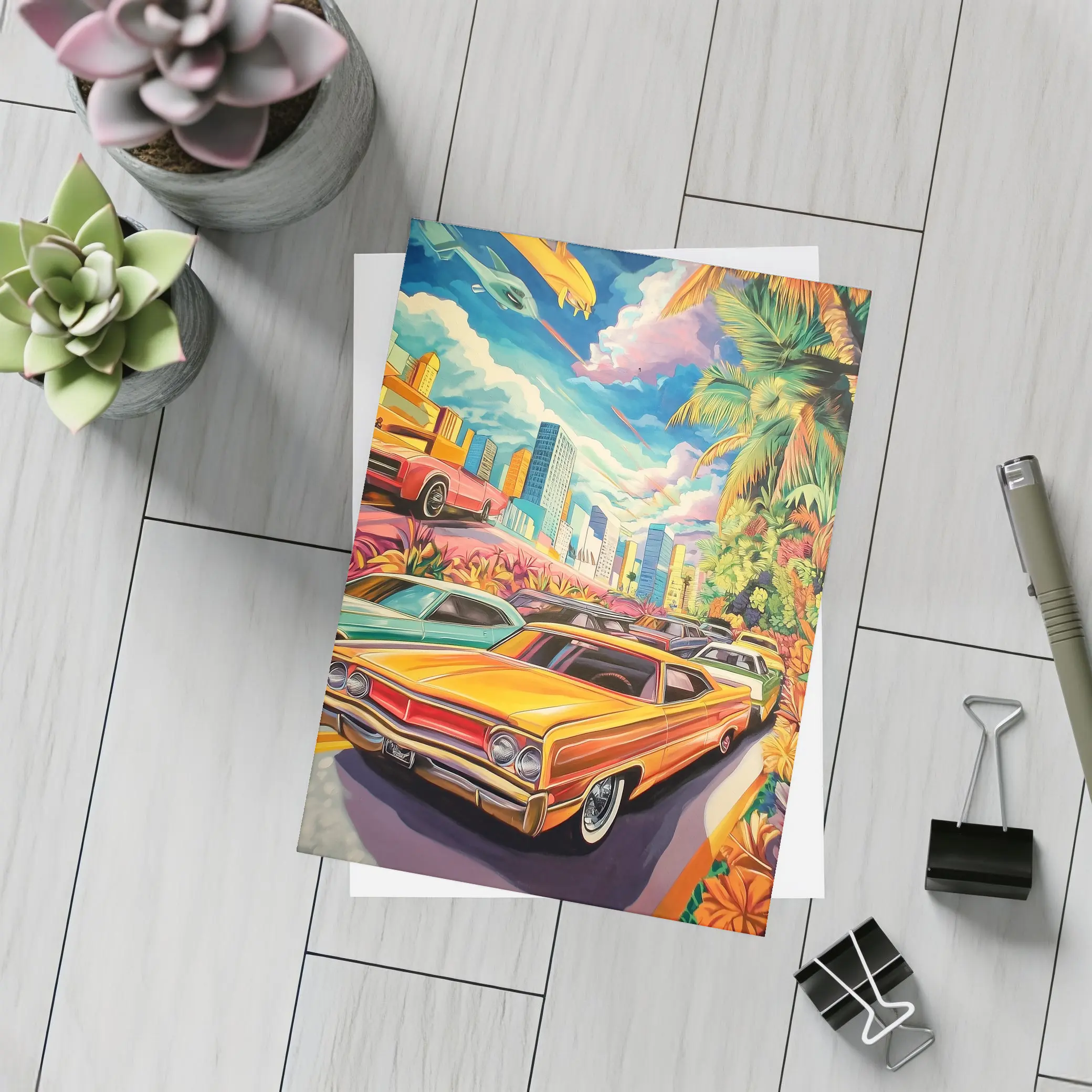 Retro Classic Cars Tropical City Pop Art – Postcards