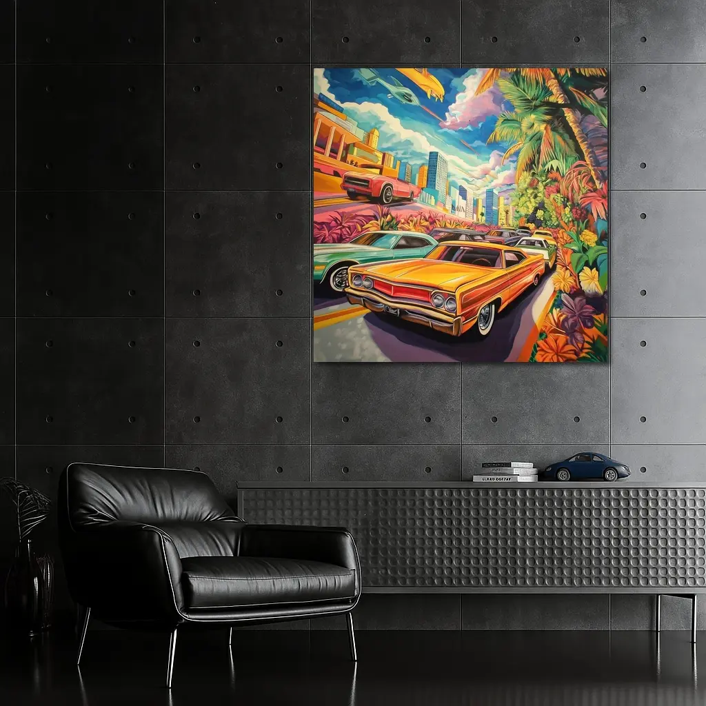 Retro Classic Cars Tropical City Pop Art – Wall Art