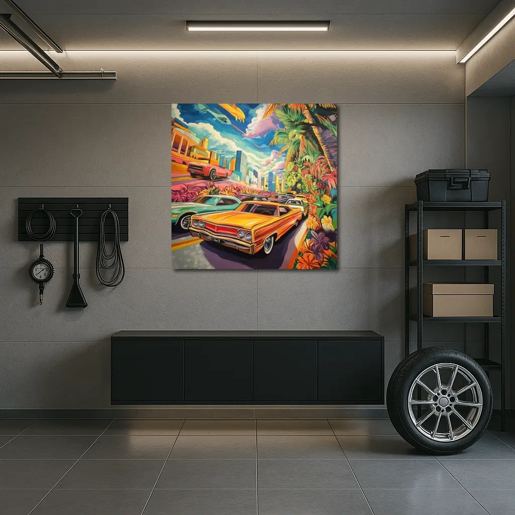 Retro Classic Cars Tropical City Pop Art – Wall Art