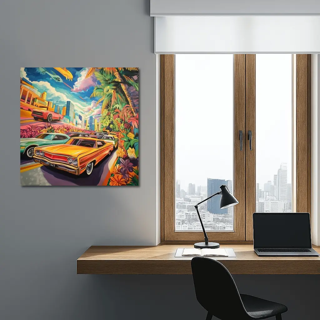 Retro Classic Cars Tropical City Pop Art – Wall Art
