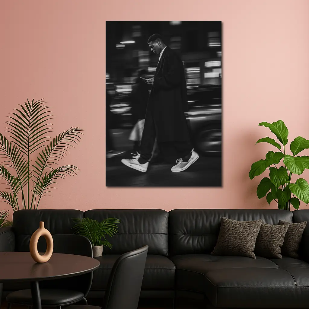 Man Walking City Street at Night Monochrome – Wall Art
