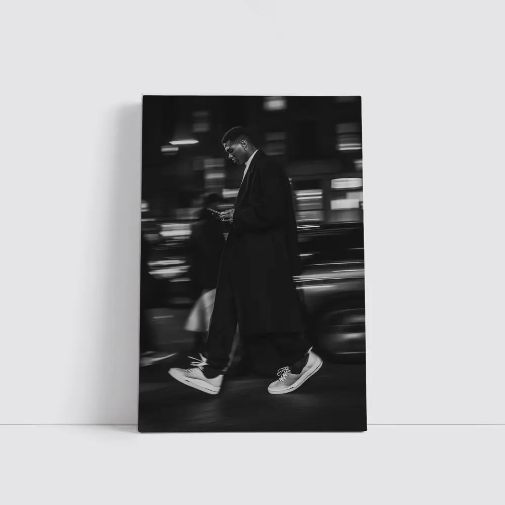 Man Walking City Street at Night Monochrome – Wall Art