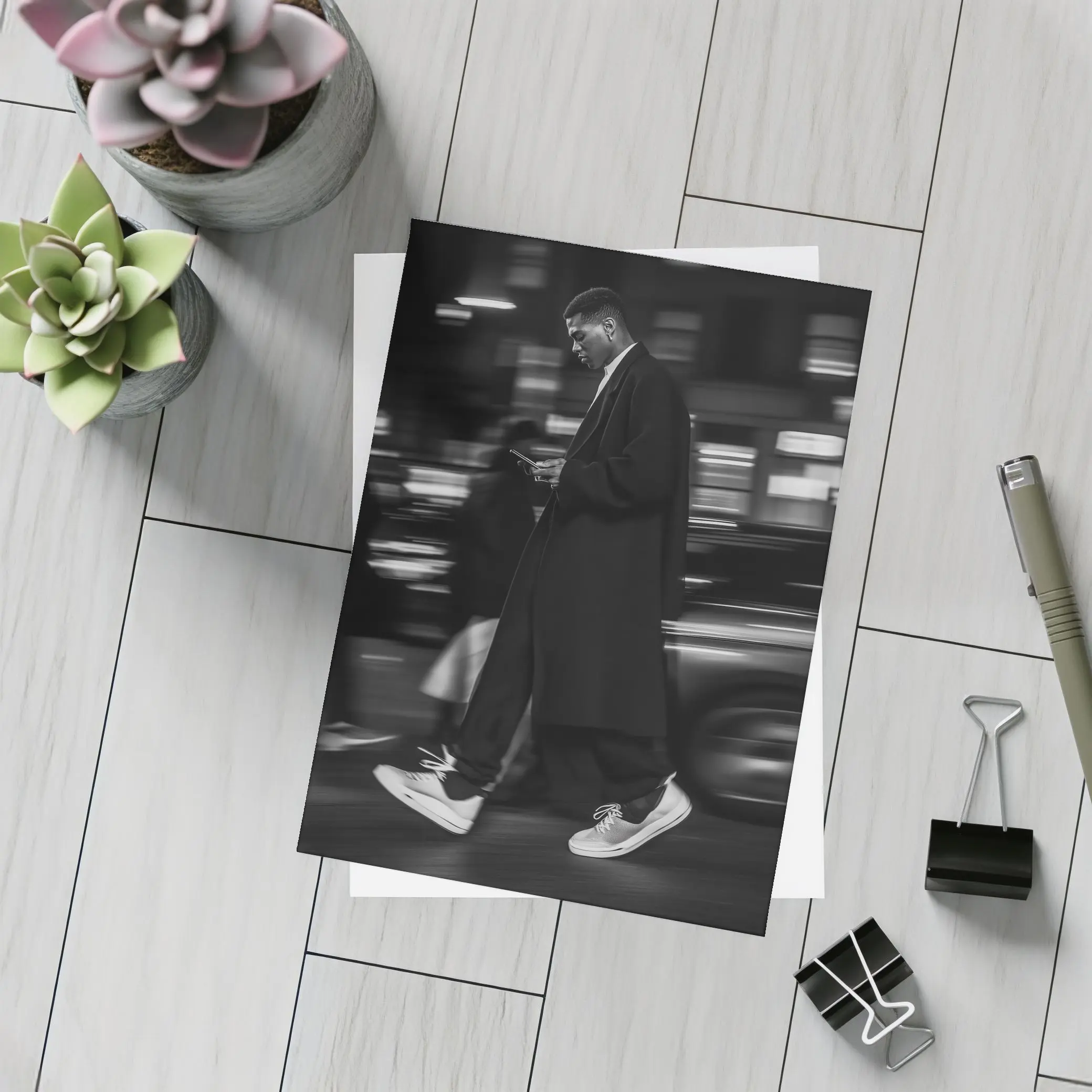 Man Walking City Street at Night Monochrome – Postcards