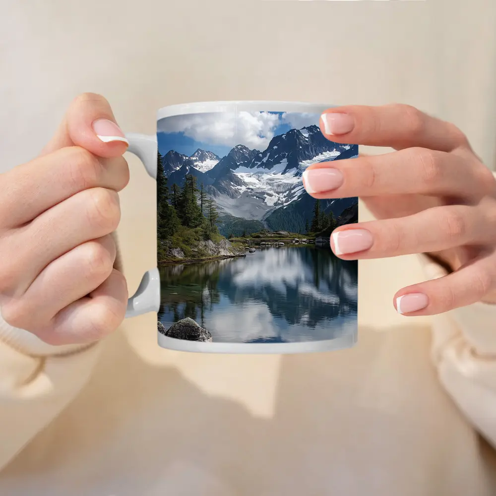 Alpine Lake Reflecting Snow Capped Mountains – Mugs