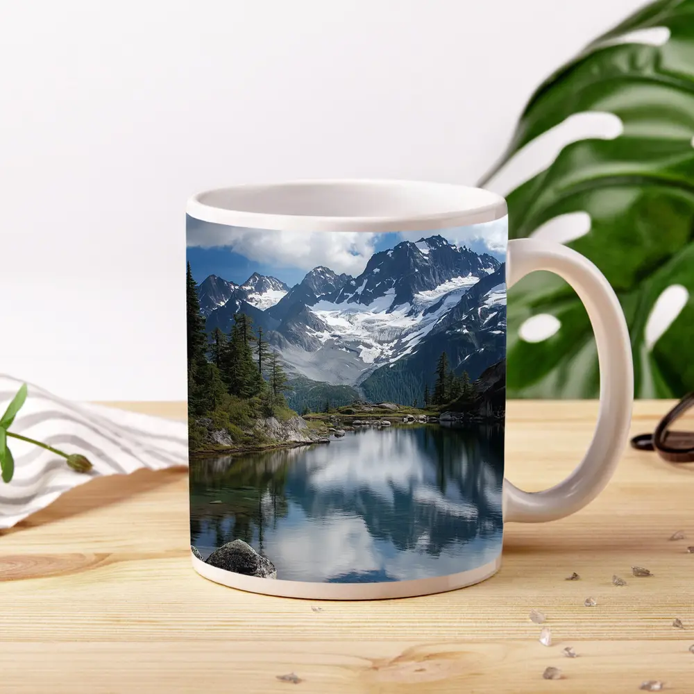 Alpine Lake Reflecting Snow Capped Mountains – Mugs