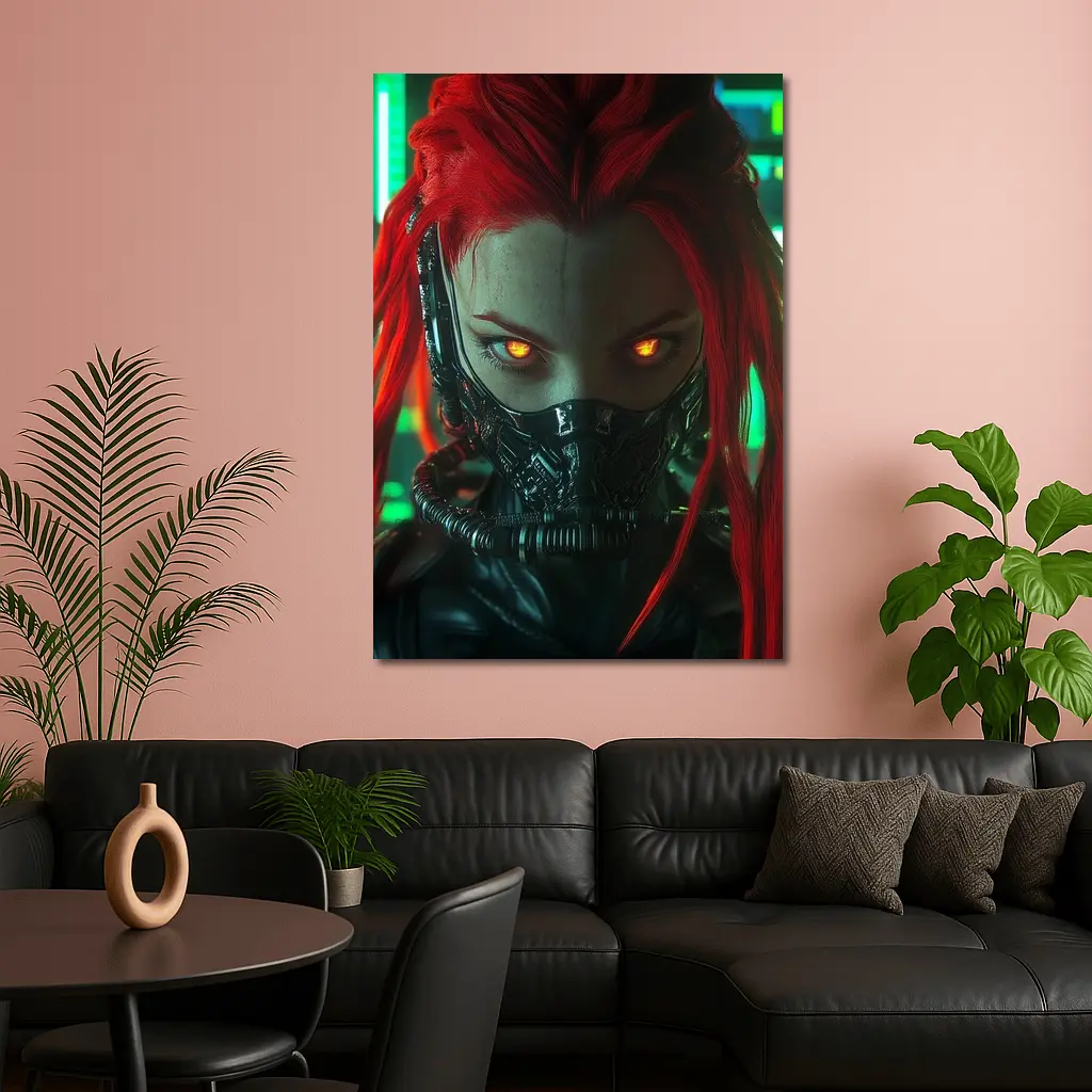 Cyberpunk Red Hair Woman Glowing Eyes Neon – Wall Art