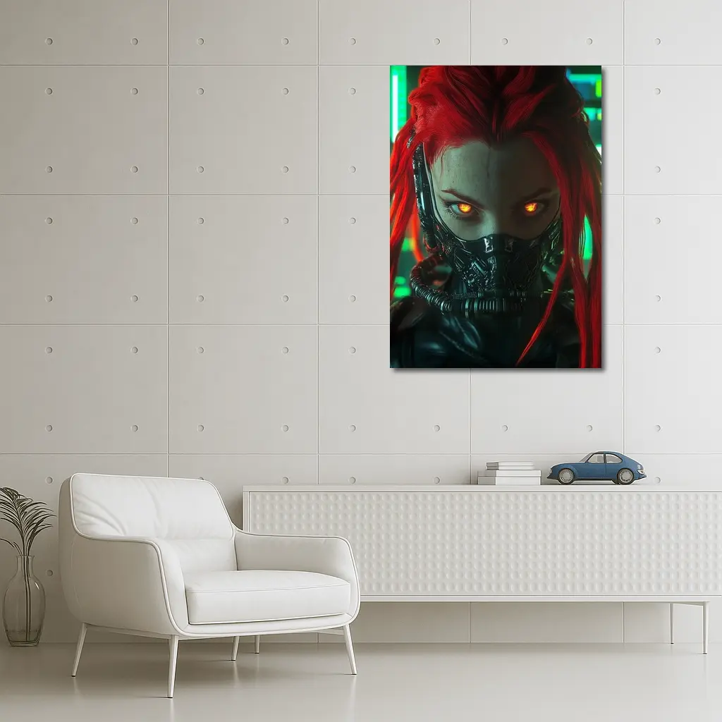 Cyberpunk Red Hair Woman Glowing Eyes Neon – Wall Art