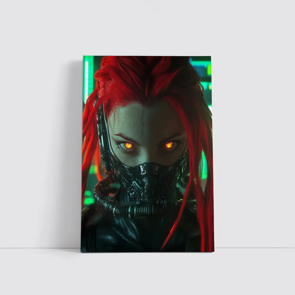 Cyberpunk Red Hair Woman Glowing Eyes Neon – Wall Art