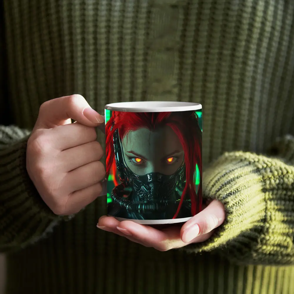 Cyberpunk Red Hair Woman Glowing Eyes Neon – Mugs