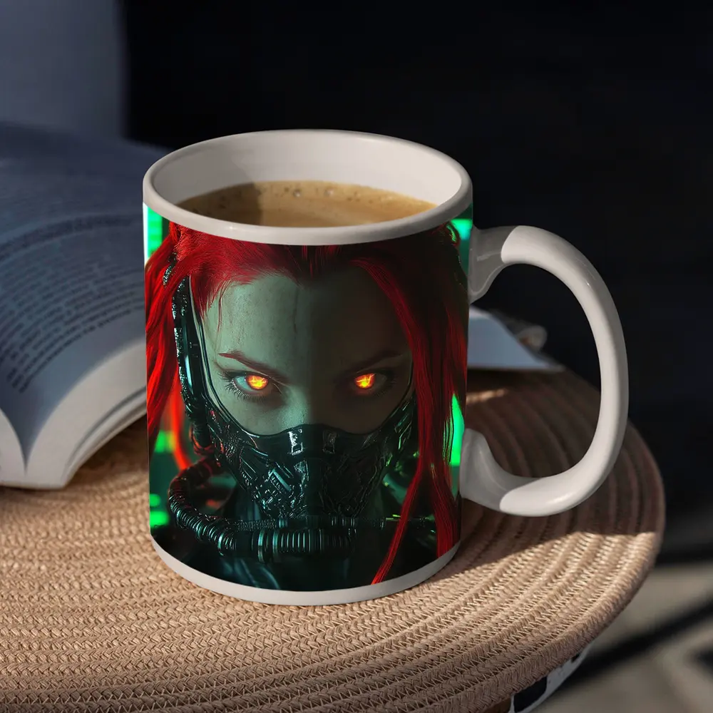 Cyberpunk Red Hair Woman Glowing Eyes Neon – Mugs