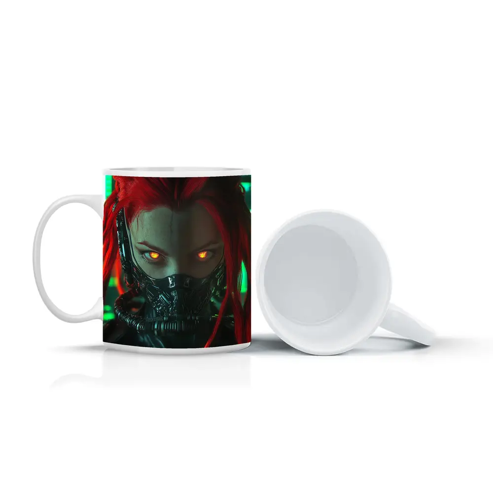 Cyberpunk Red Hair Woman Glowing Eyes Neon – Mugs
