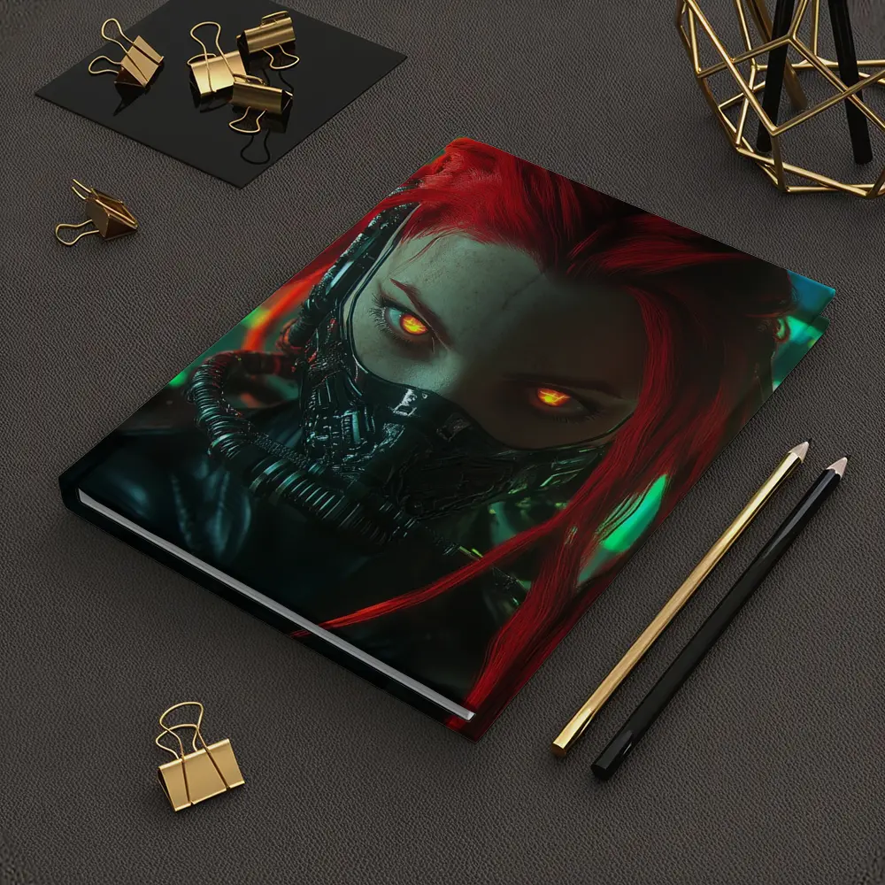 Cyberpunk Red Hair Woman Glowing Eyes Neon – Notebooks