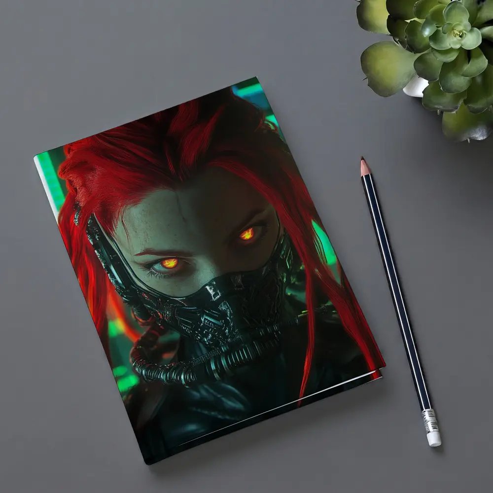 Cyberpunk Red Hair Woman Glowing Eyes Neon – Notebooks