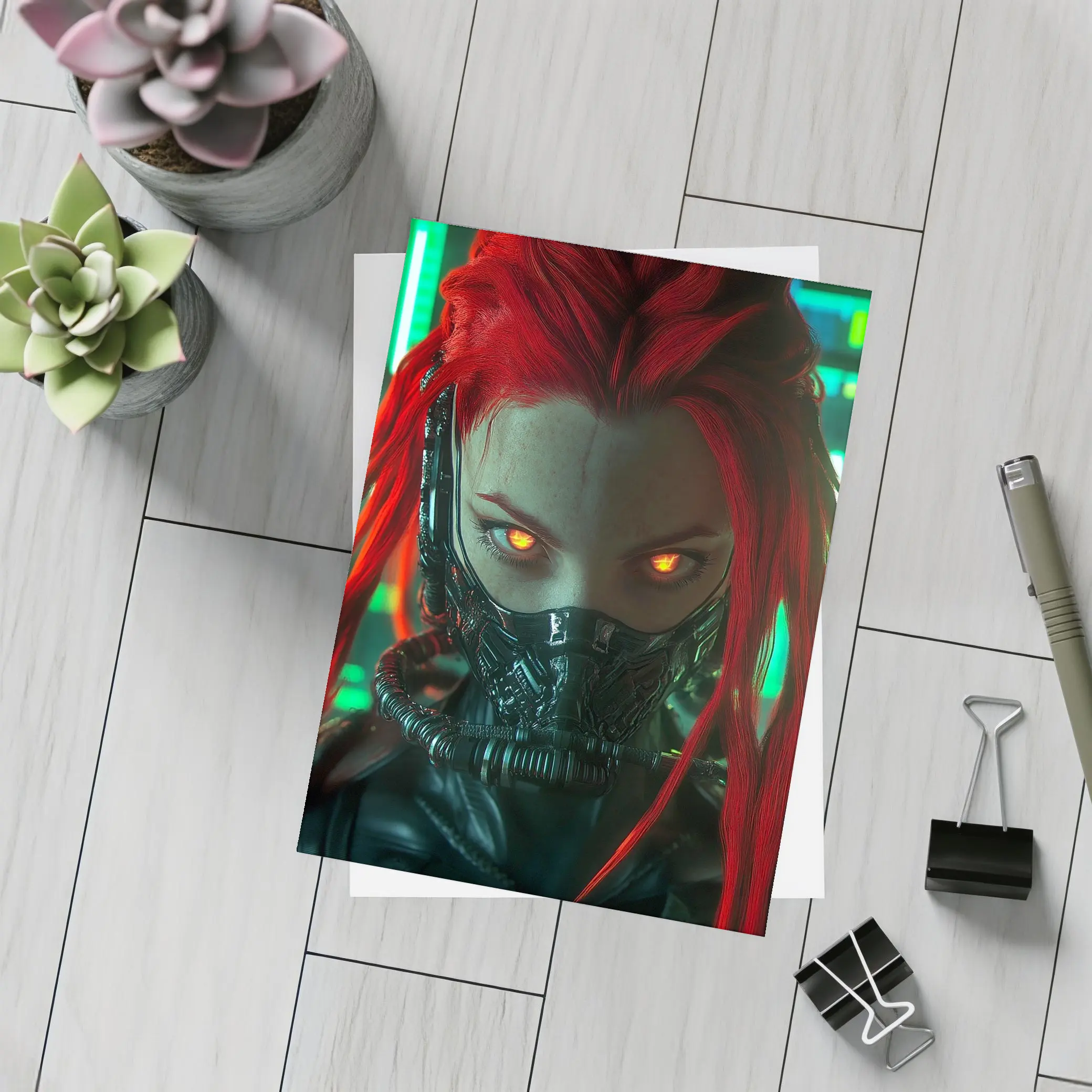 Cyberpunk Red Hair Woman Glowing Eyes Neon – Postcards