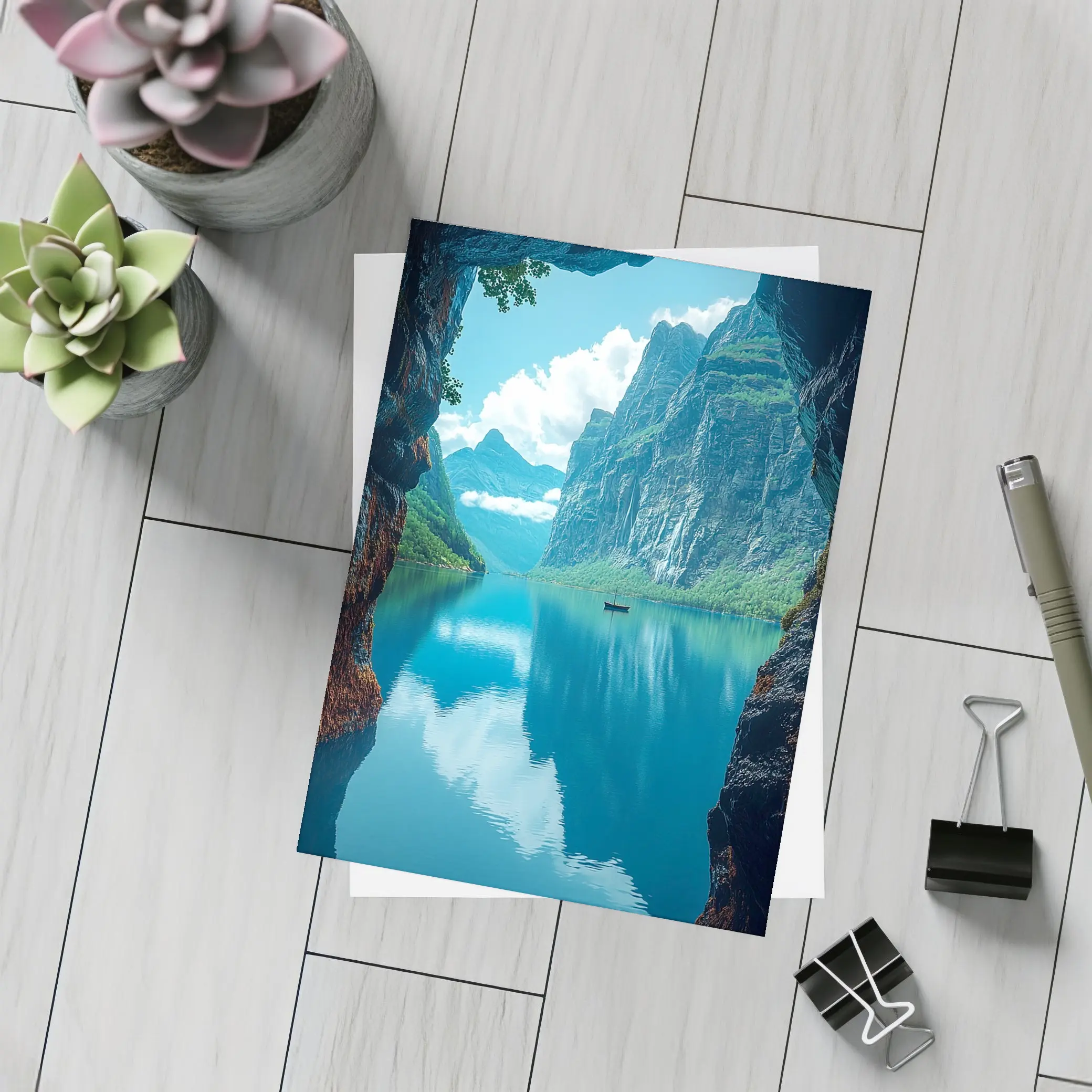 Fjord Cave Archway Blue Mountain Reflection – Postcards