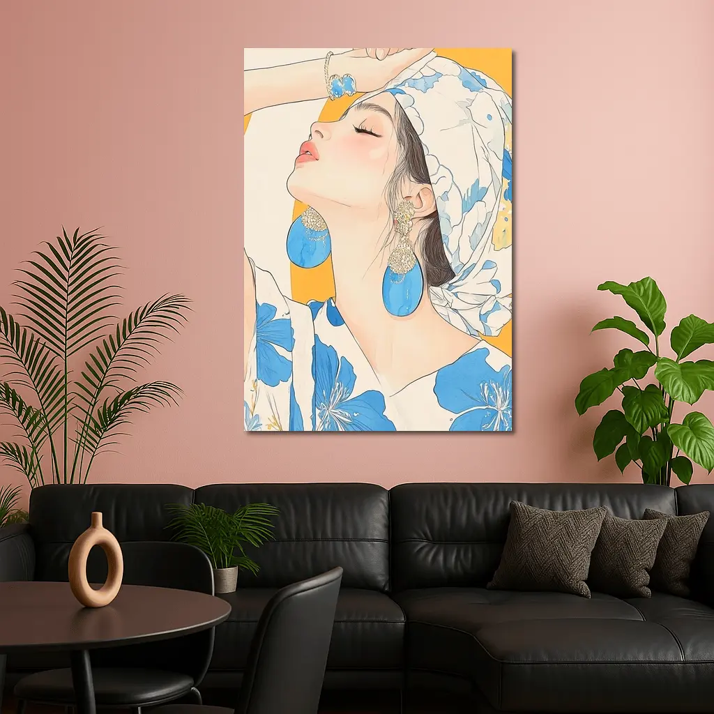Fashion Woman Blue Floral Illustration Art – Wall Art