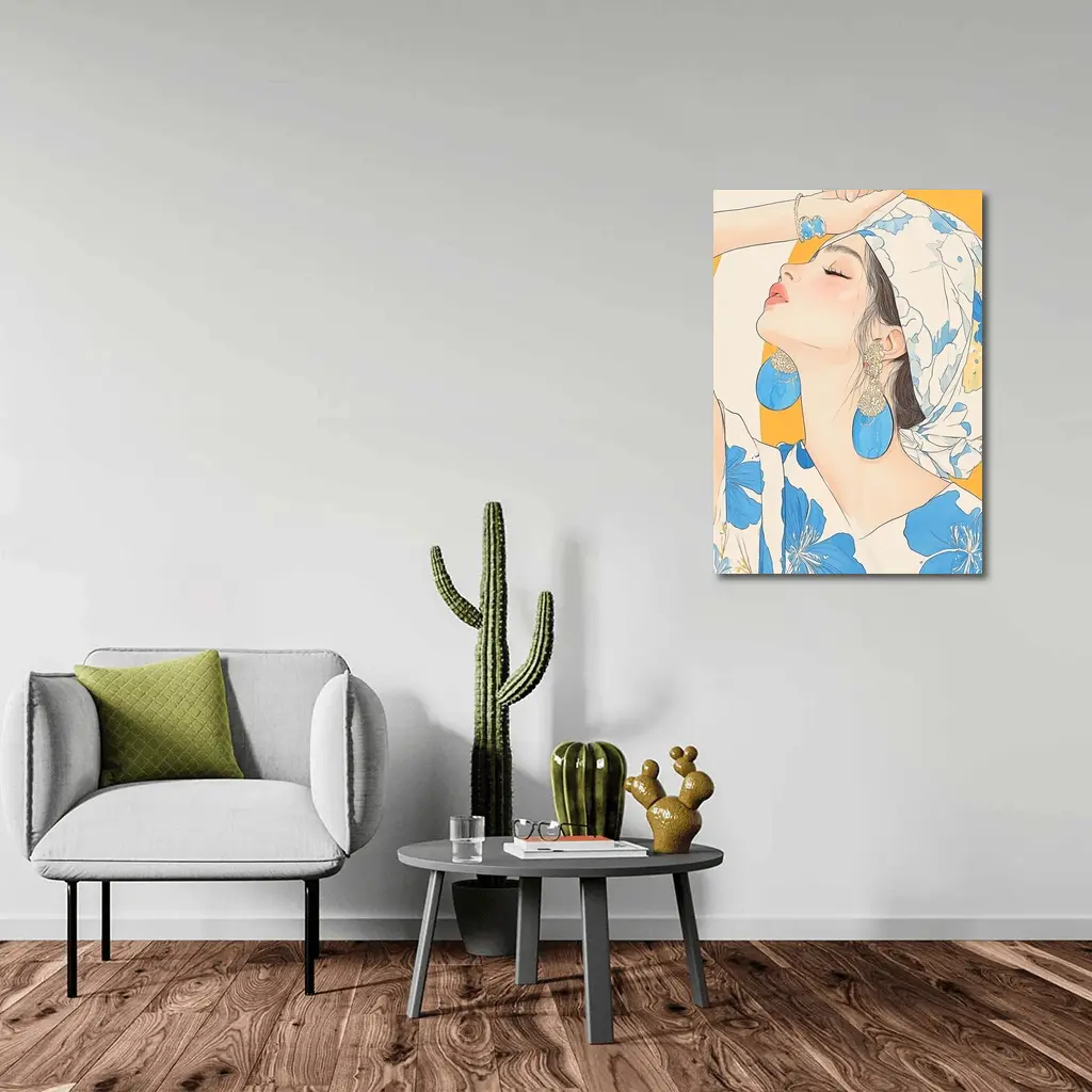 Fashion Woman Blue Floral Illustration Art – Wall Art
