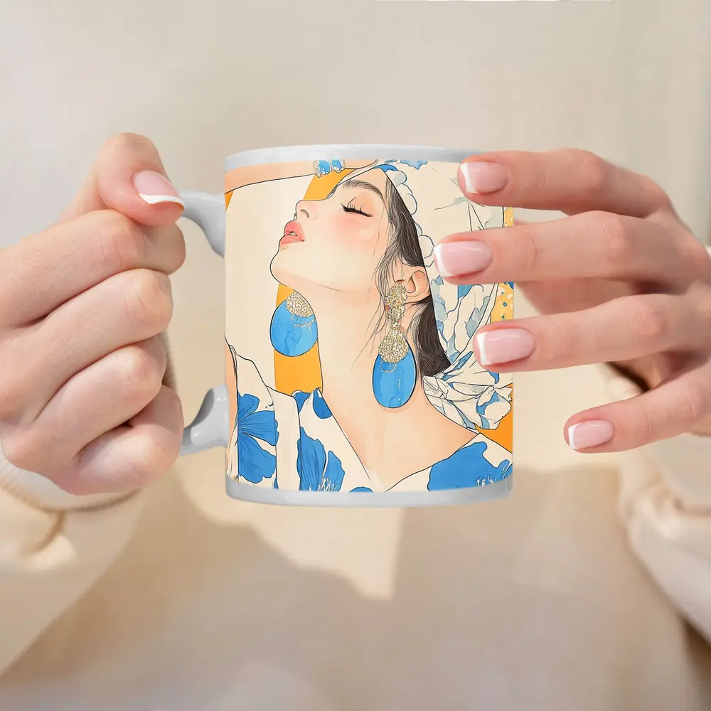 Fashion Woman Blue Floral Illustration Art – Mugs