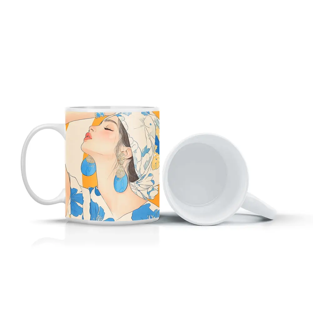 Fashion Woman Blue Floral Illustration Art – Mugs