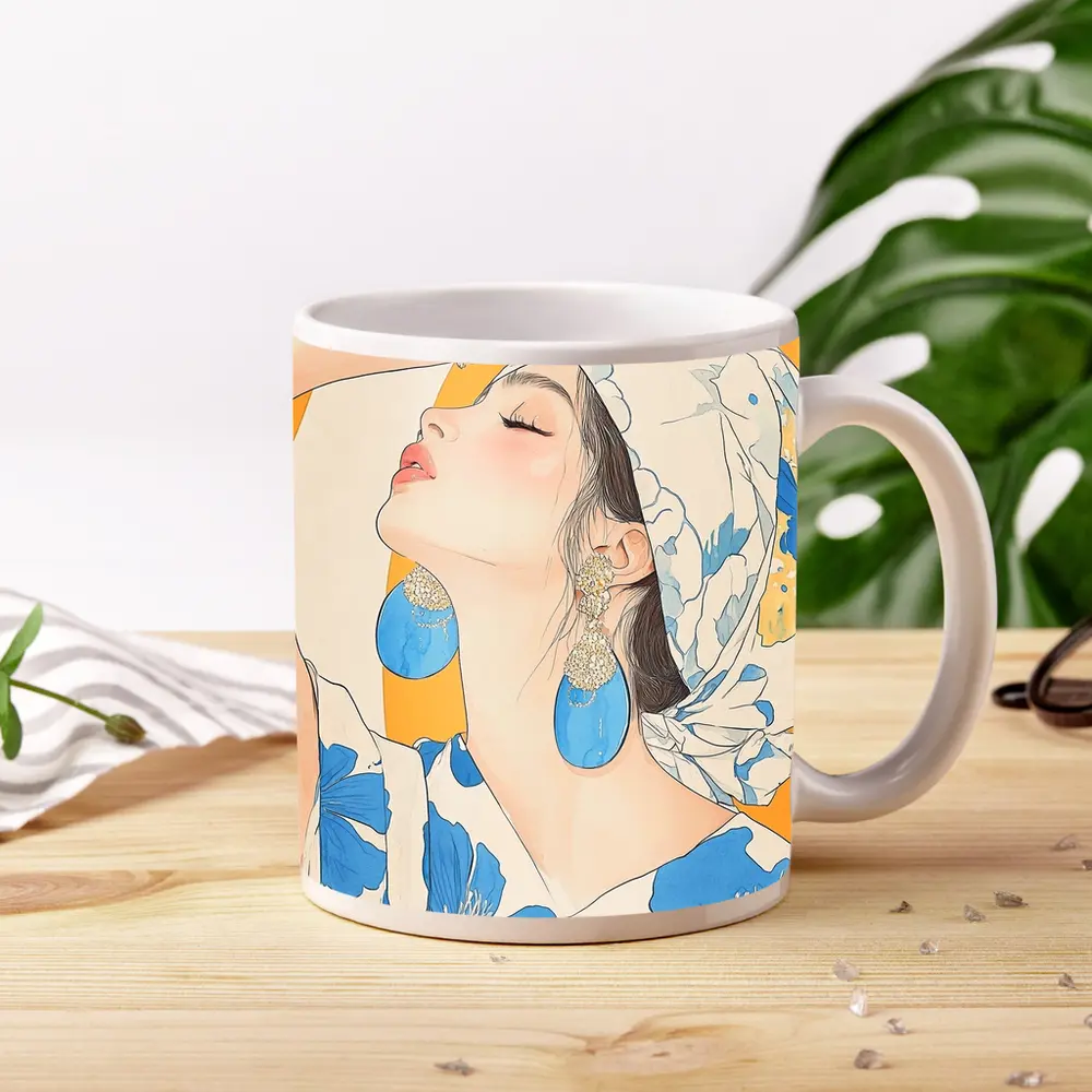 Fashion Woman Blue Floral Illustration Art – Mugs