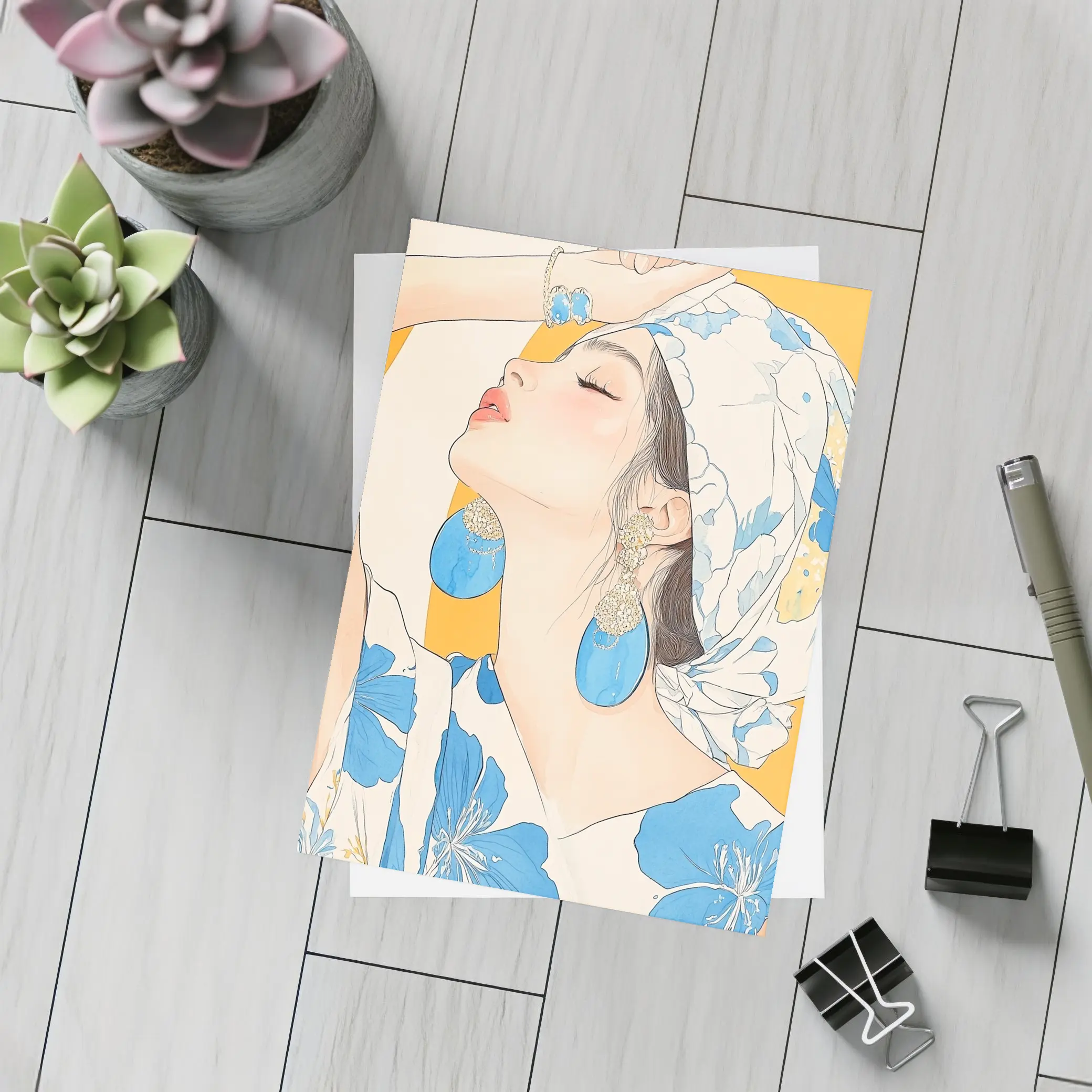 Fashion Woman Blue Floral Illustration Art – Postcards