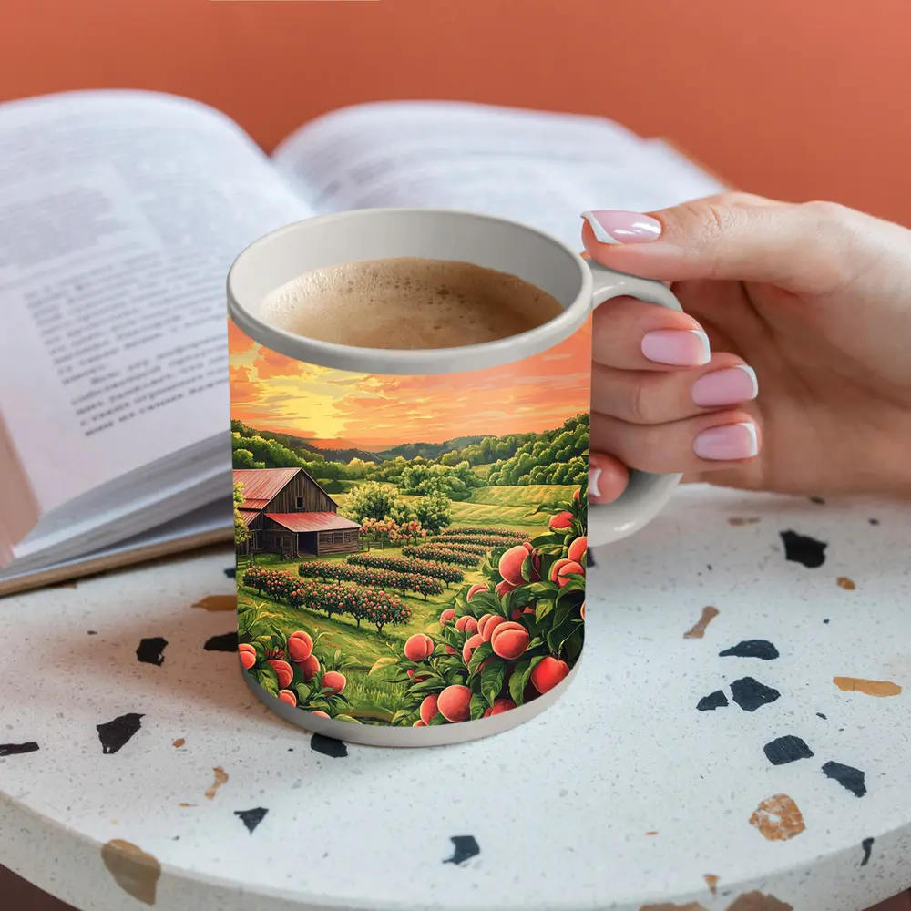 Peach Orchard Farm Sunset Countryside Art – Mugs