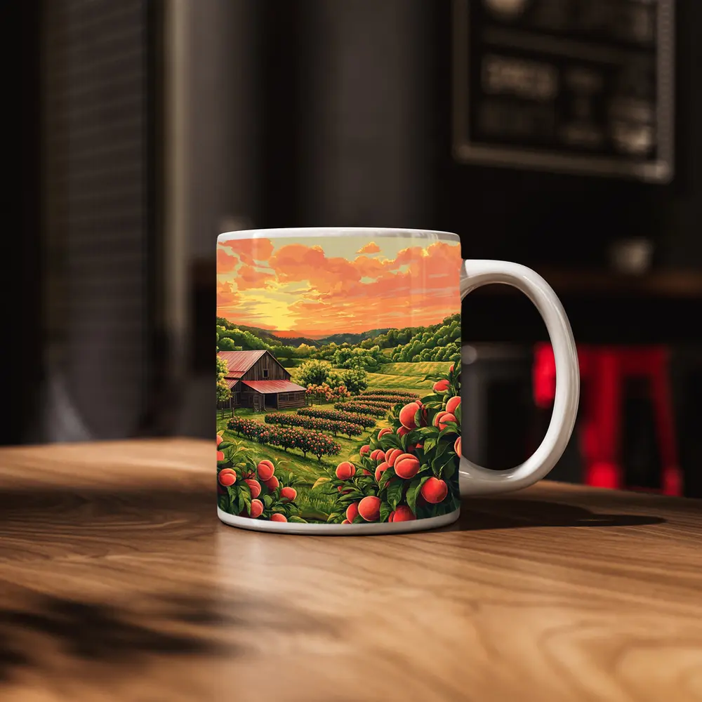 Peach Orchard Farm Sunset Countryside Art – Mugs