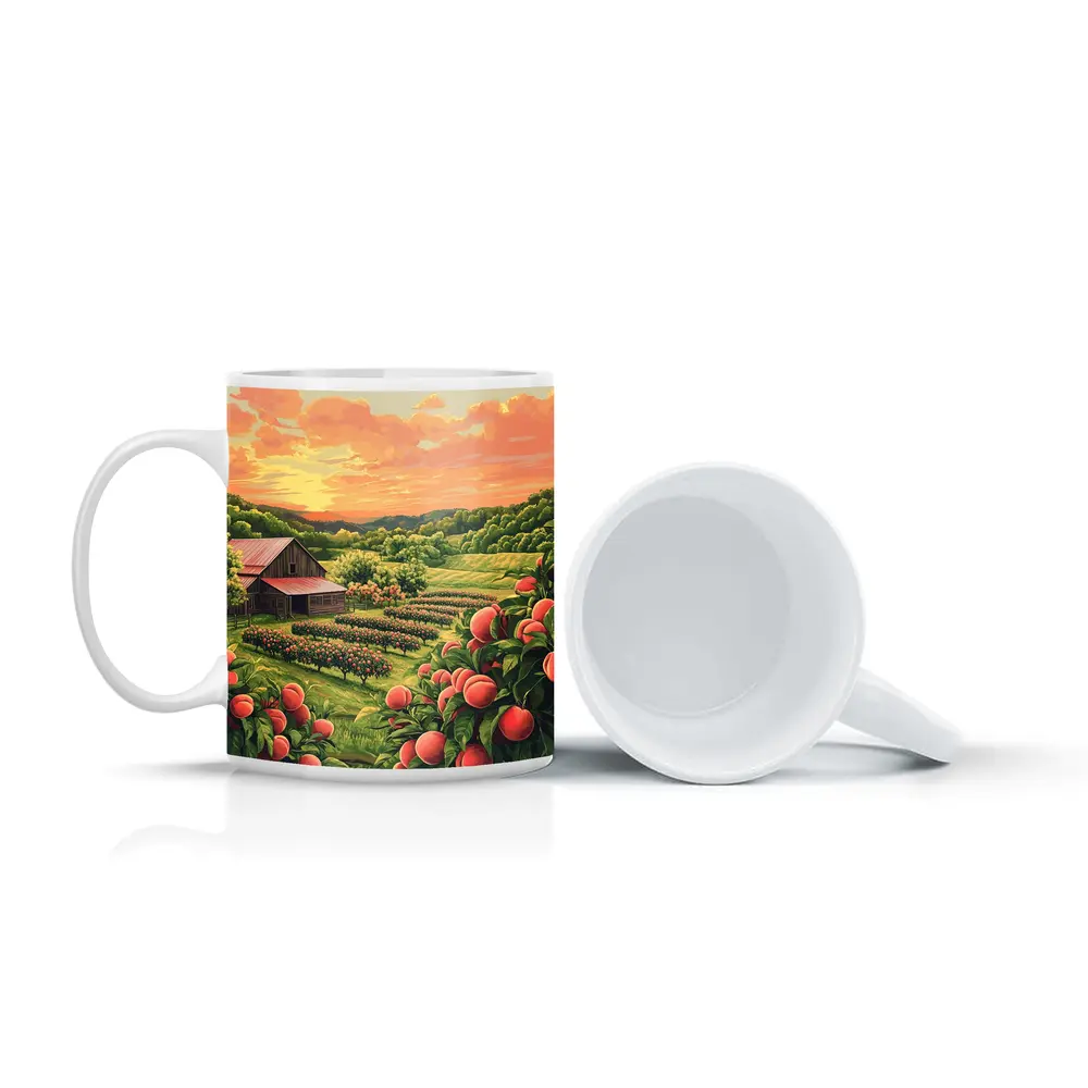 Peach Orchard Farm Sunset Countryside Art – Mugs