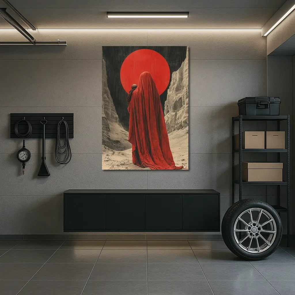 Red Cloaked Figure Desert Canyon Art – Wall Art