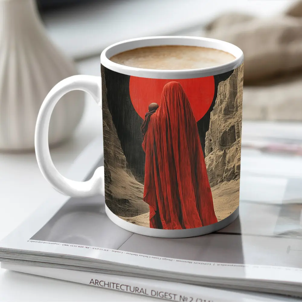 Red Cloaked Figure Desert Canyon Art – Mugs