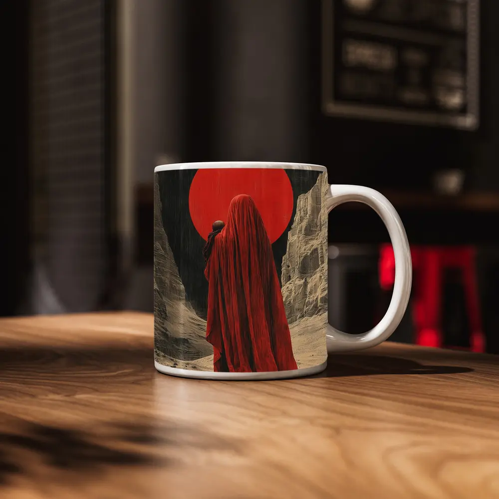 Red Cloaked Figure Desert Canyon Art – Mugs