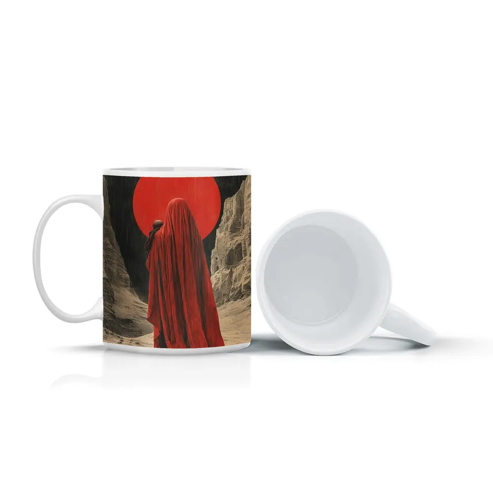 Red Cloaked Figure Desert Canyon Art – Mugs