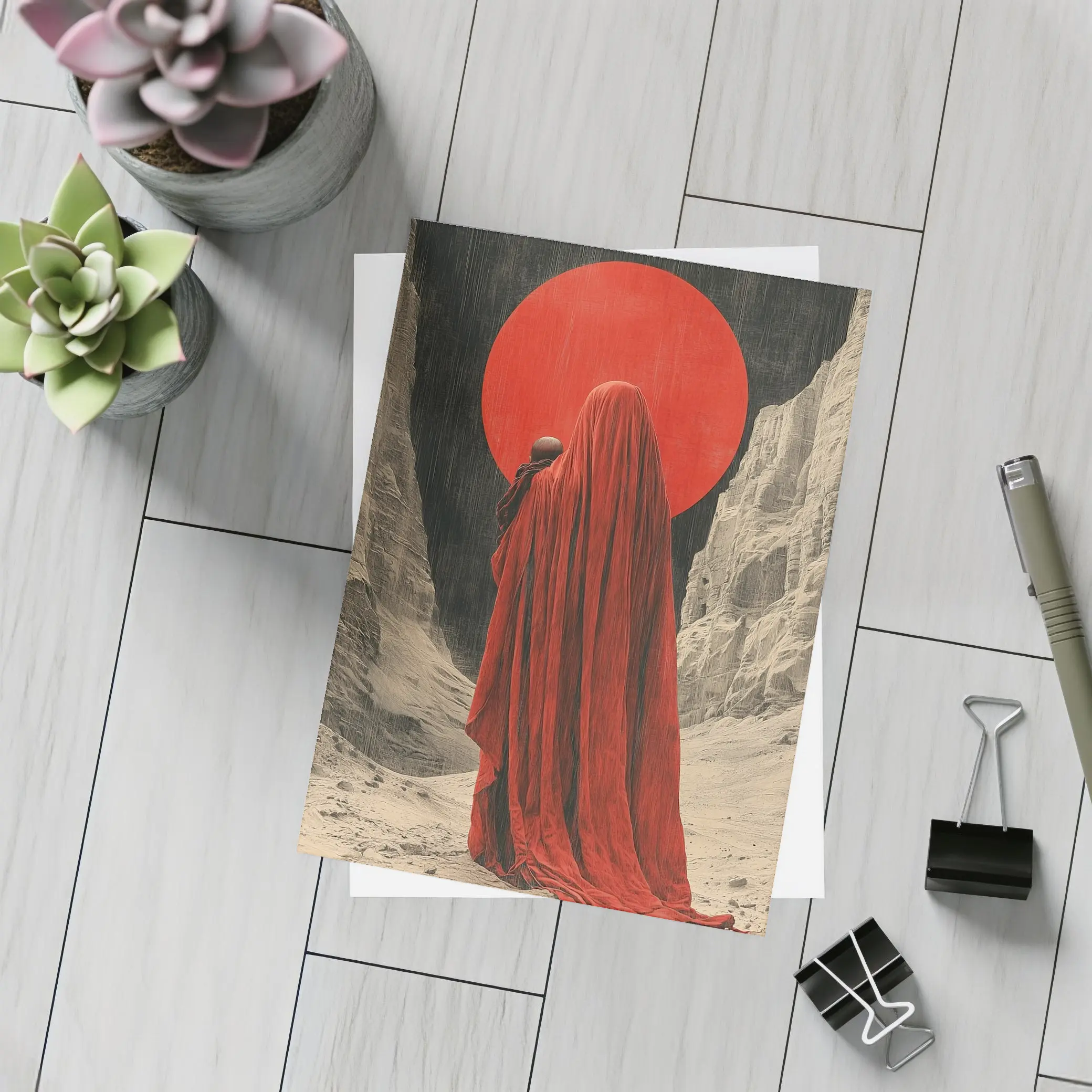 Red Cloaked Figure Desert Canyon Art – Postcards